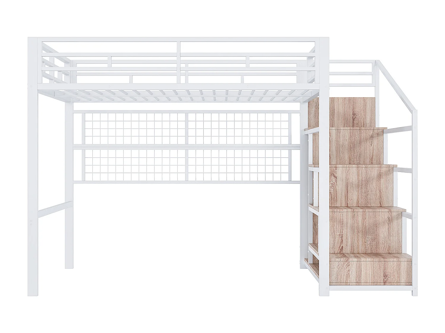 Łóżko piętrowe dla dzieci - 140 x 200 cm - z szafą + schowkiem na klatce schodowej + diodami LED - Metal + MDF - biały