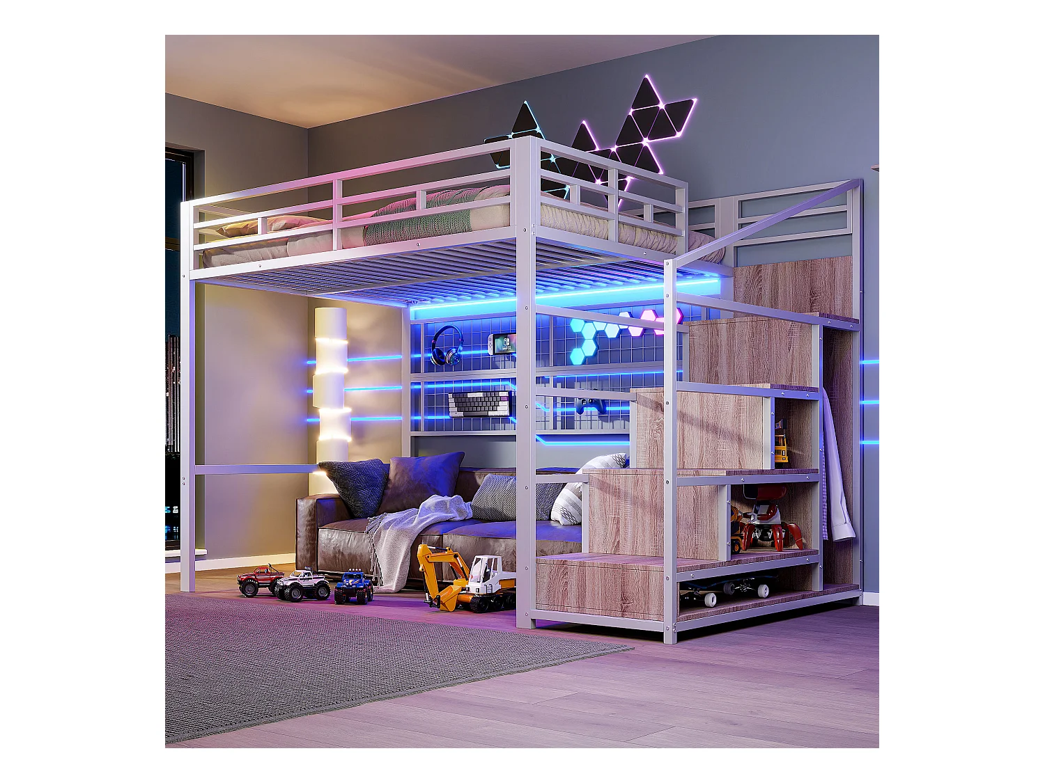 Kinderhochbett – 140 x 200 cm – mit Kleiderschrank + Stauraum im Treppenhaus + LEDs – Metall + MDF – weiß