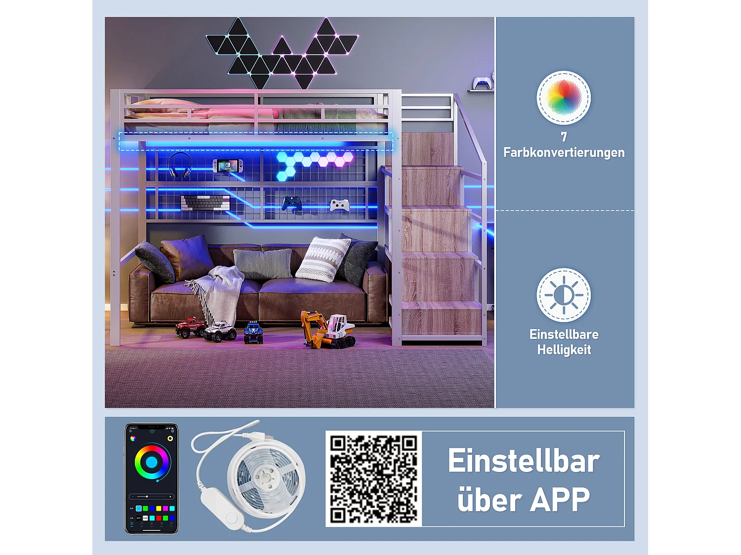 Lit mezzanine pour enfant - 140 x 200 cm - avec armoire + rangements dan l'escalier + Leds - Métal + MDF - blanc