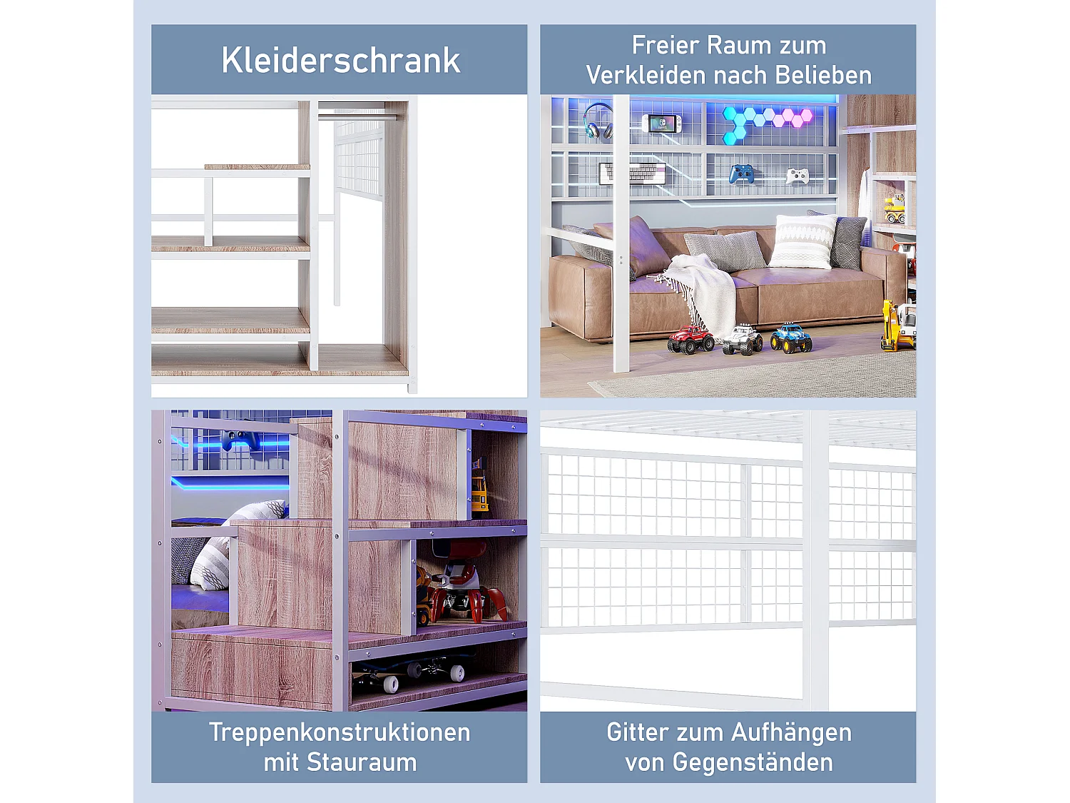 Lit mezzanine pour enfant - 140 x 200 cm - avec armoire + rangements dan l'escalier + Leds - Métal + MDF - blanc