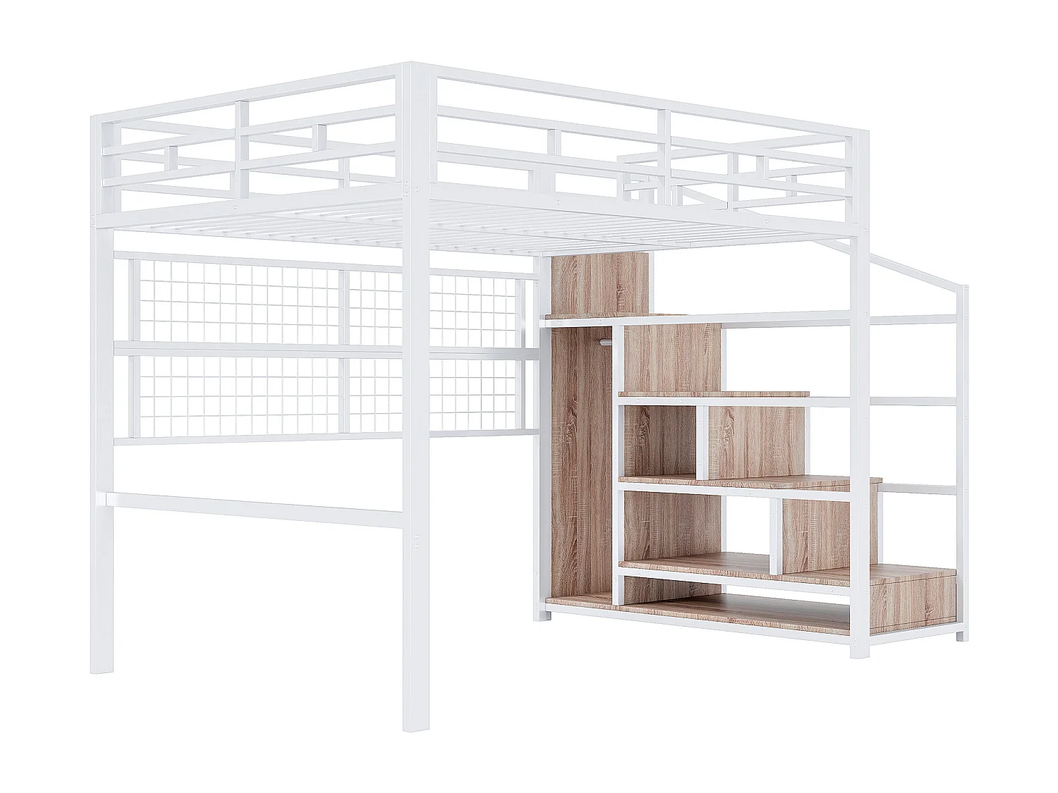 Lit mezzanine pour enfant - 140 x 200 cm - avec armoire + rangements dan l'escalier + Leds - Métal + MDF - blanc