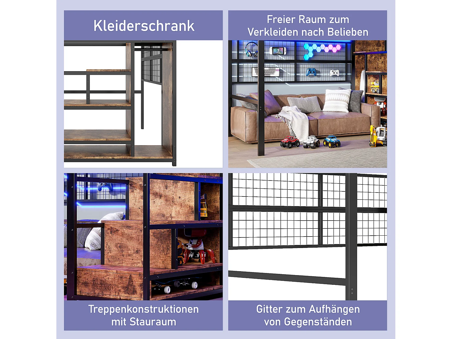 Kinderbett Hochbett – 140 x 200 cm – mit Kleiderschrank + Stauraum im Treppenhaus + LEDs – Metall + MDF – schwarz