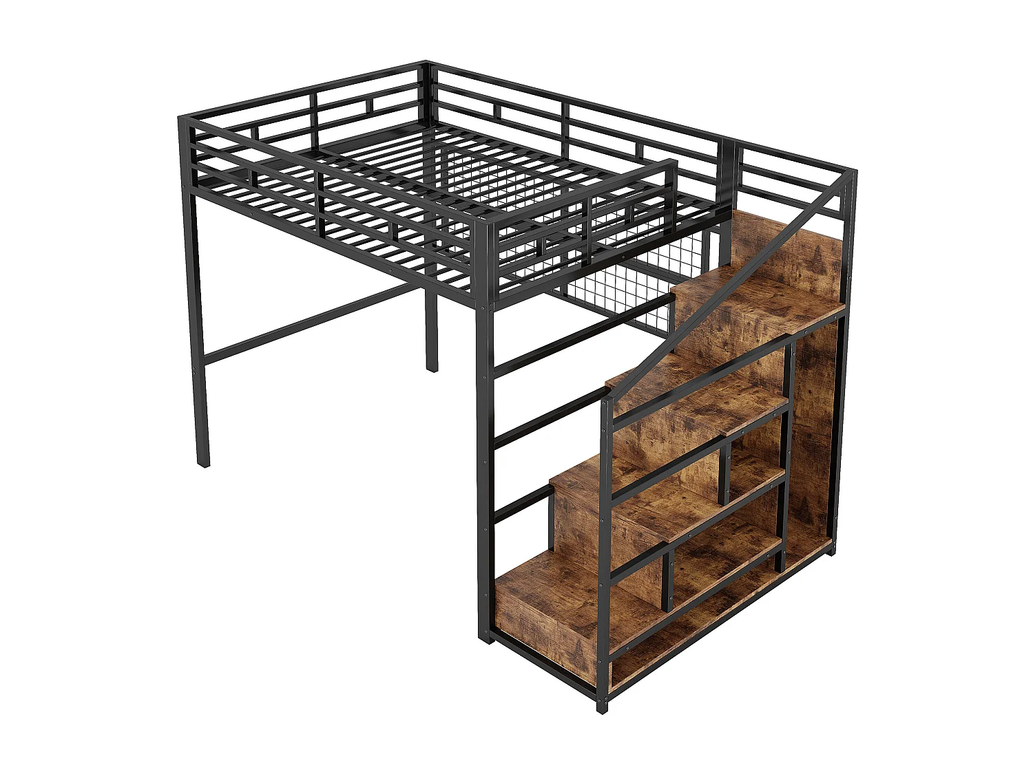 Kinderbett Hochbett – 140 x 200 cm – mit Kleiderschrank + Stauraum im Treppenhaus + LEDs – Metall + MDF – schwarz