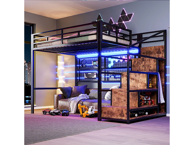 Kinderbett Hochbett – 140 x 200 cm – mit Kleiderschrank + Stauraum im Treppenhaus + LEDs – Metall + MDF – schwarz