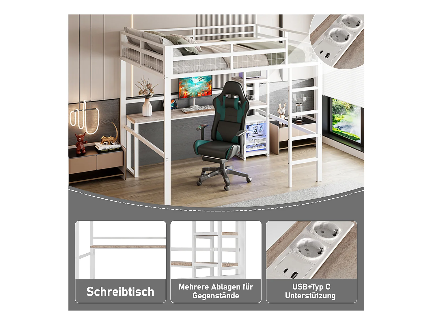 Lit mezzanine pour enfant - 140 x 200 cm - avec étagères de rangement + bureau avec prise + USB -Métal + MDF - blanc