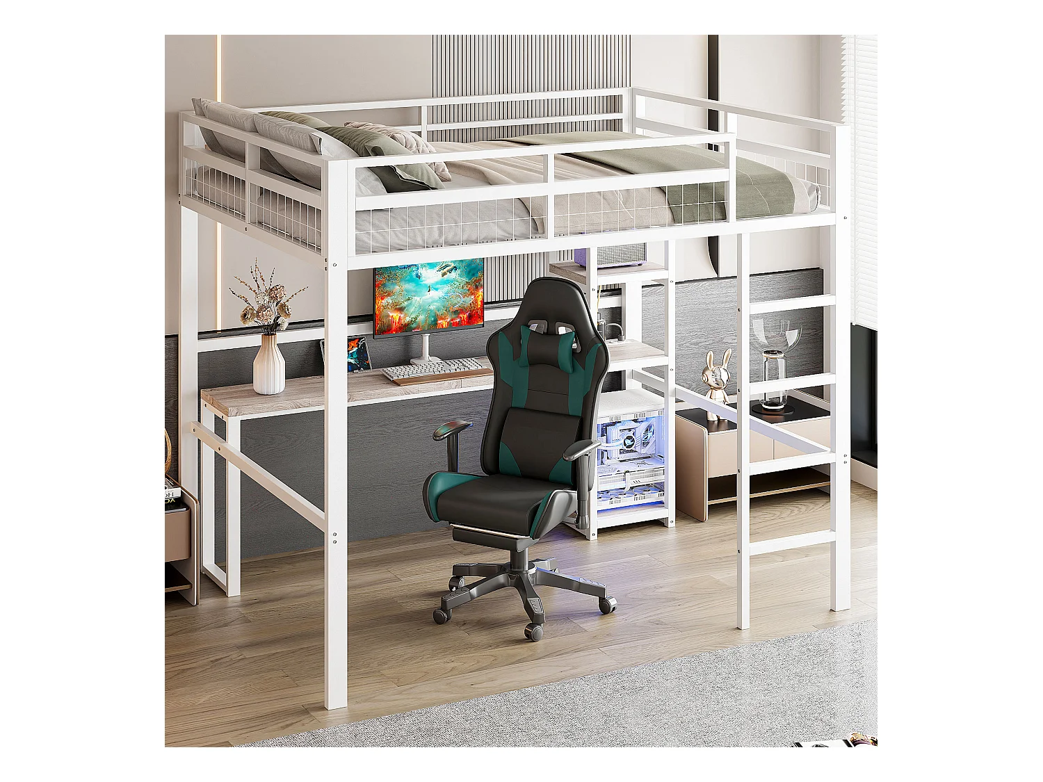 Lit mezzanine pour enfant - 140 x 200 cm - avec étagères de rangement + bureau avec prise + USB -Métal + MDF - blanc