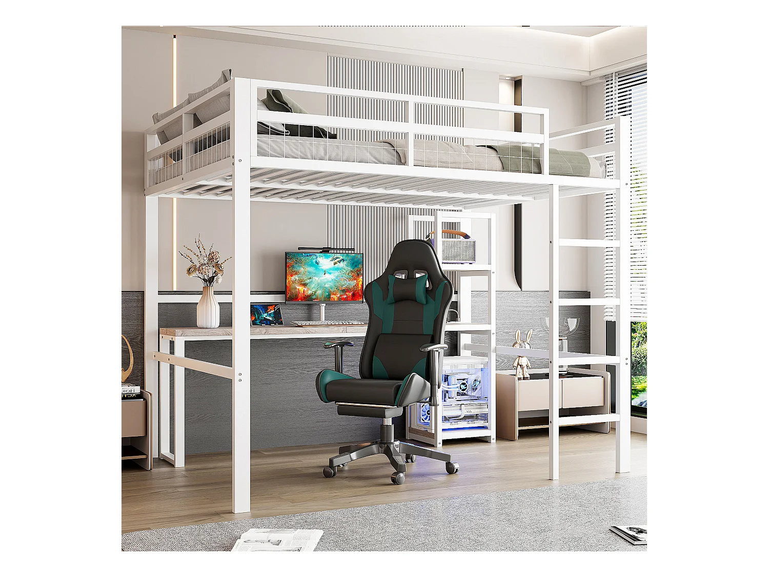 Lit mezzanine pour enfant - 140 x 200 cm - avec étagères de rangement + bureau avec prise + USB -Métal + MDF - blanc