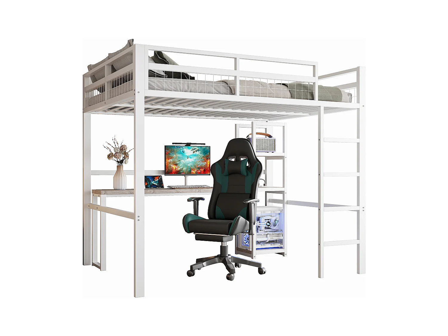 Lit mezzanine pour enfant - 140 x 200 cm - avec étagères de rangement + bureau avec prise + USB -Métal + MDF - blanc