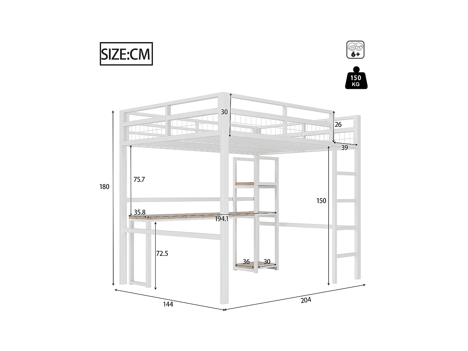 Lit mezzanine pour enfant - 140 x 200 cm - avec étagères de rangement + bureau avec prise + USB -Métal + MDF - blanc