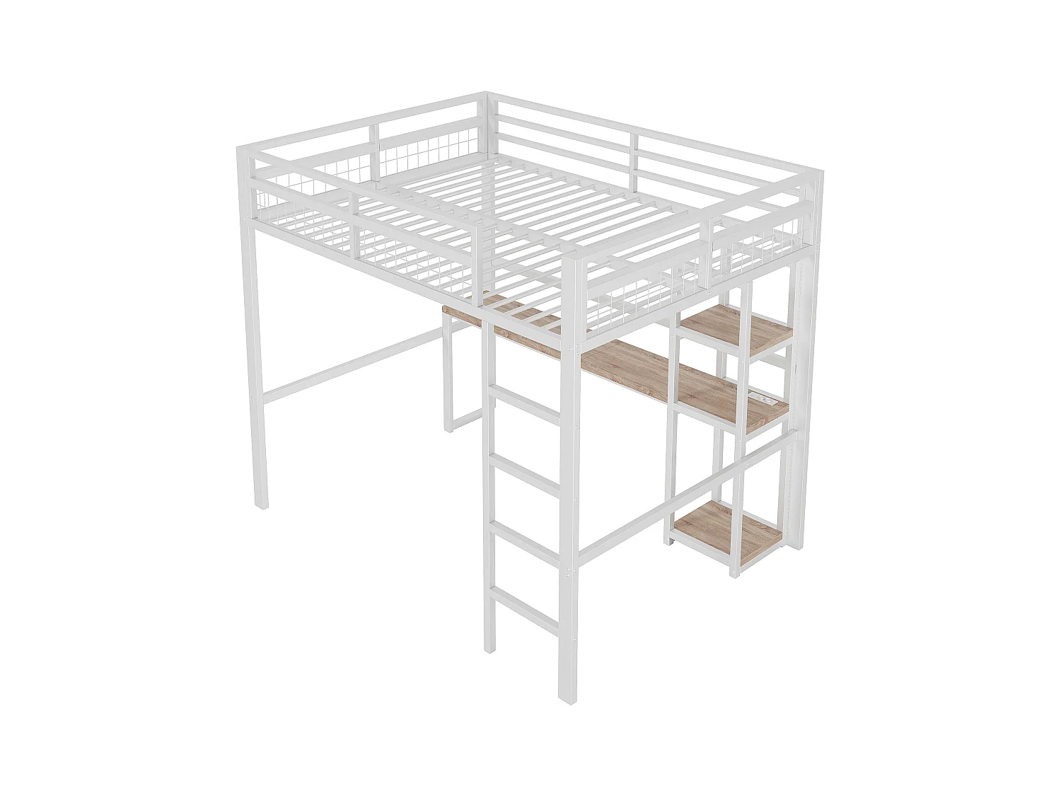 Lit mezzanine pour enfant - 140 x 200 cm - avec étagères de rangement + bureau avec prise + USB -Métal + MDF - blanc