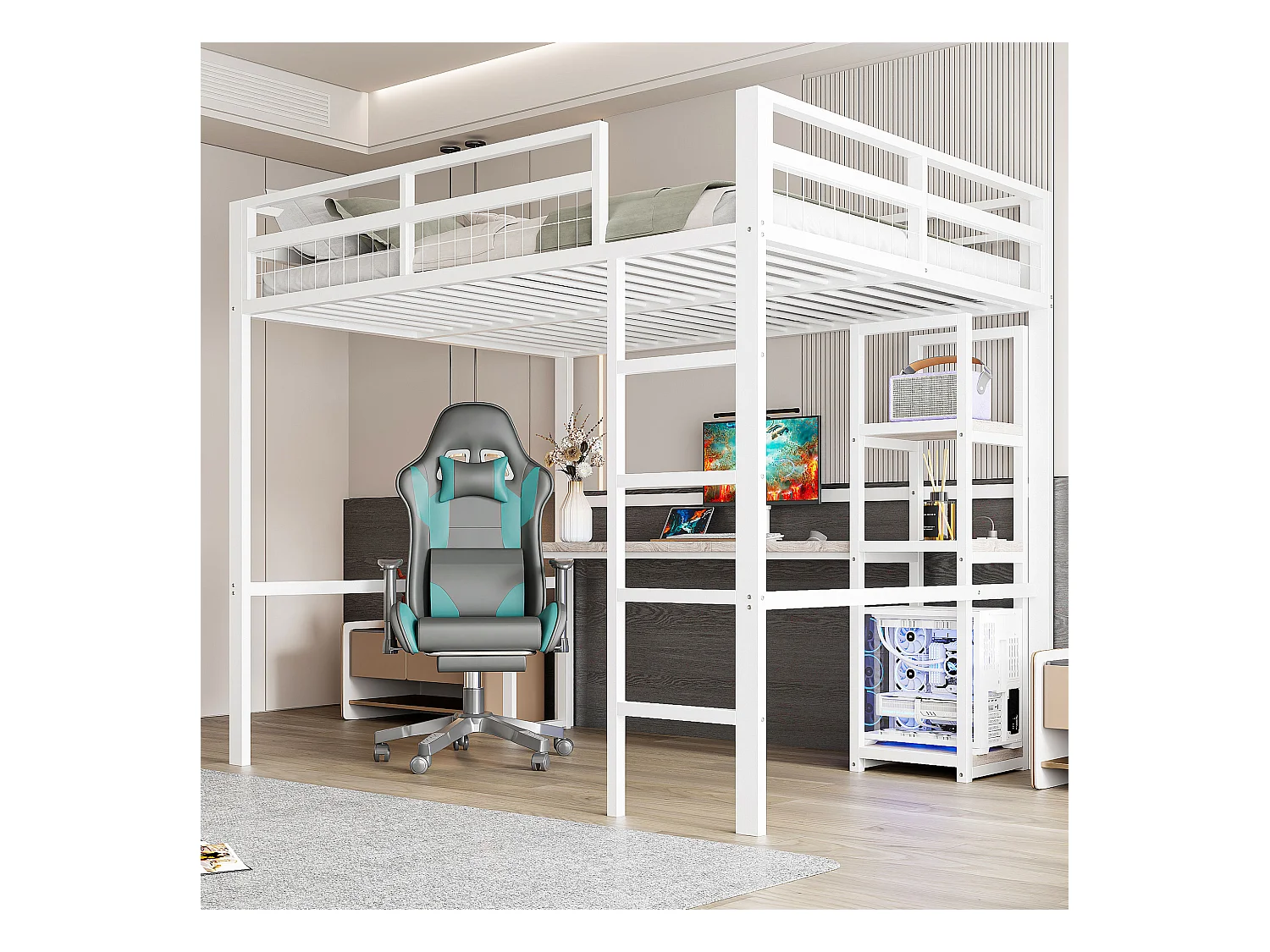 Kinderhochbett – 140 x 200 cm – mit Ablagefächern + Schreibtisch mit Steckdose + USB – Metall + MDF – weiß