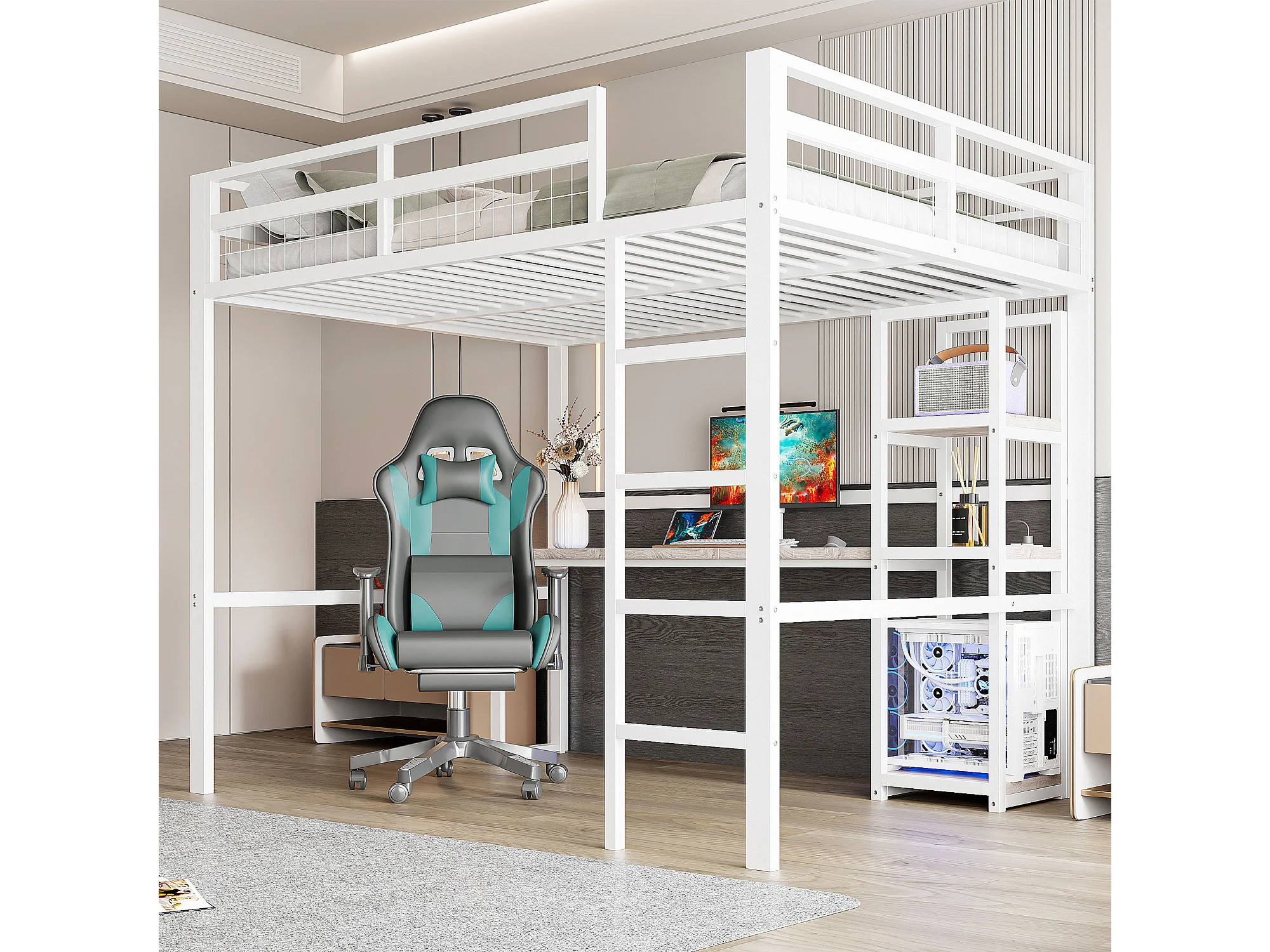 Lit Mezzanine Enfant 140x200 Avec Bureau, LED, USB Et Rangements - Pin Et MDF - Charge Max 160 Kg