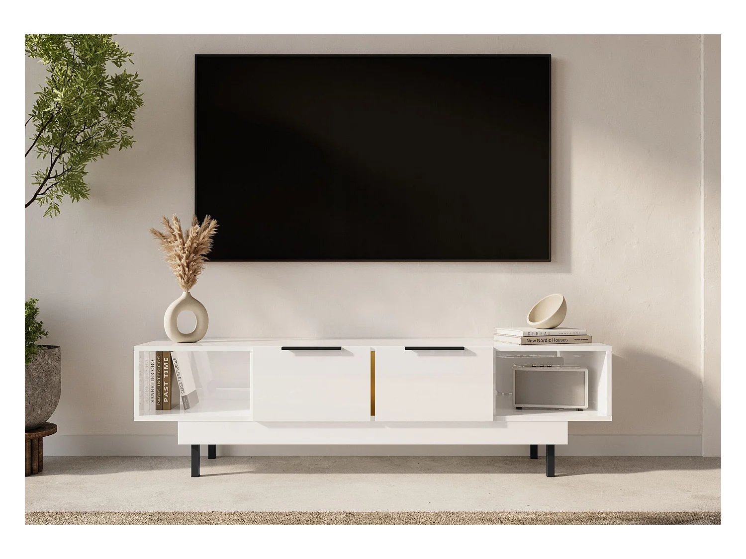 Lowboard Artemisa weiß, goldener akzent, hochglanz