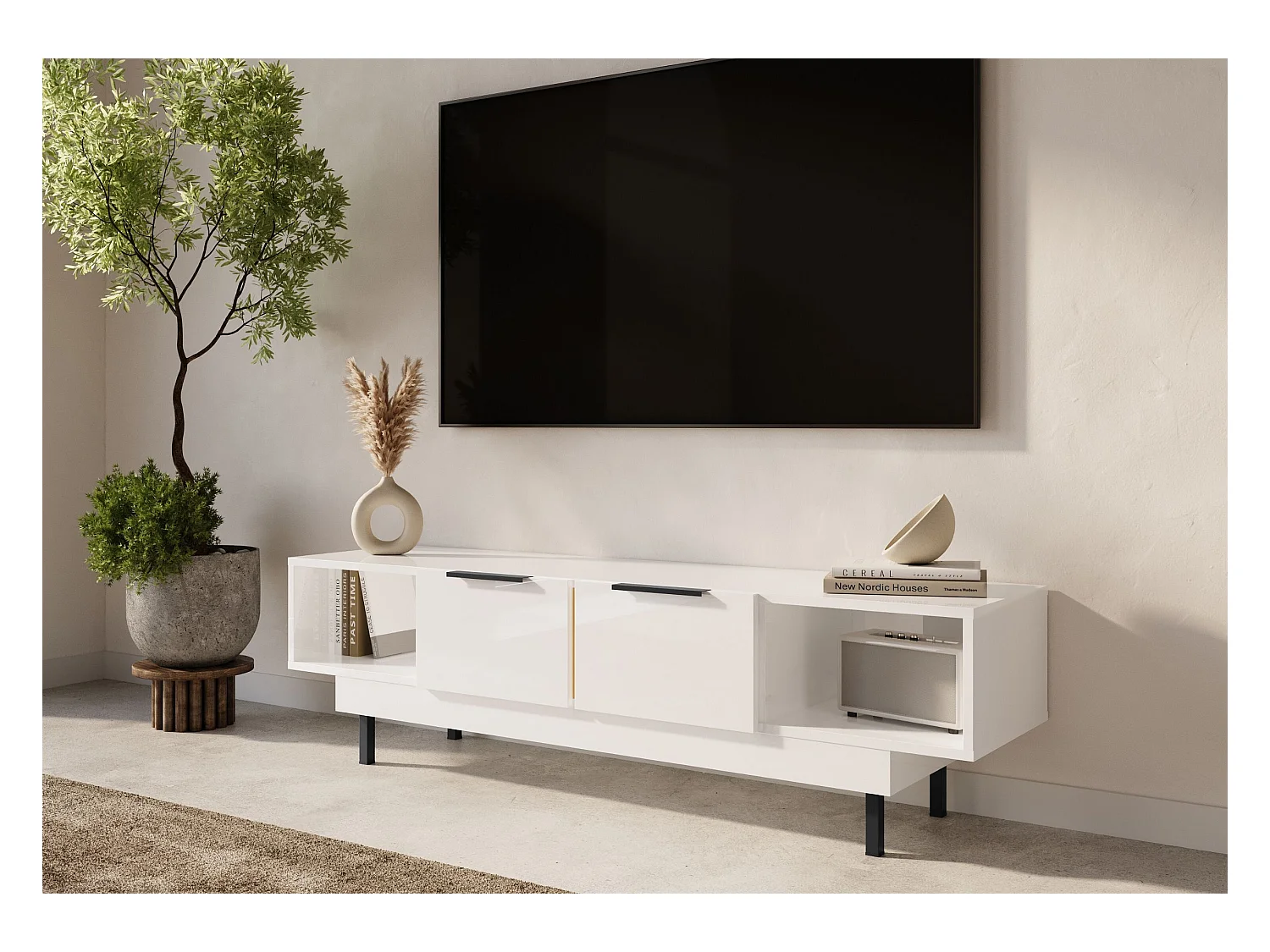 Lowboard Artemisa weiß, goldener akzent, hochglanz