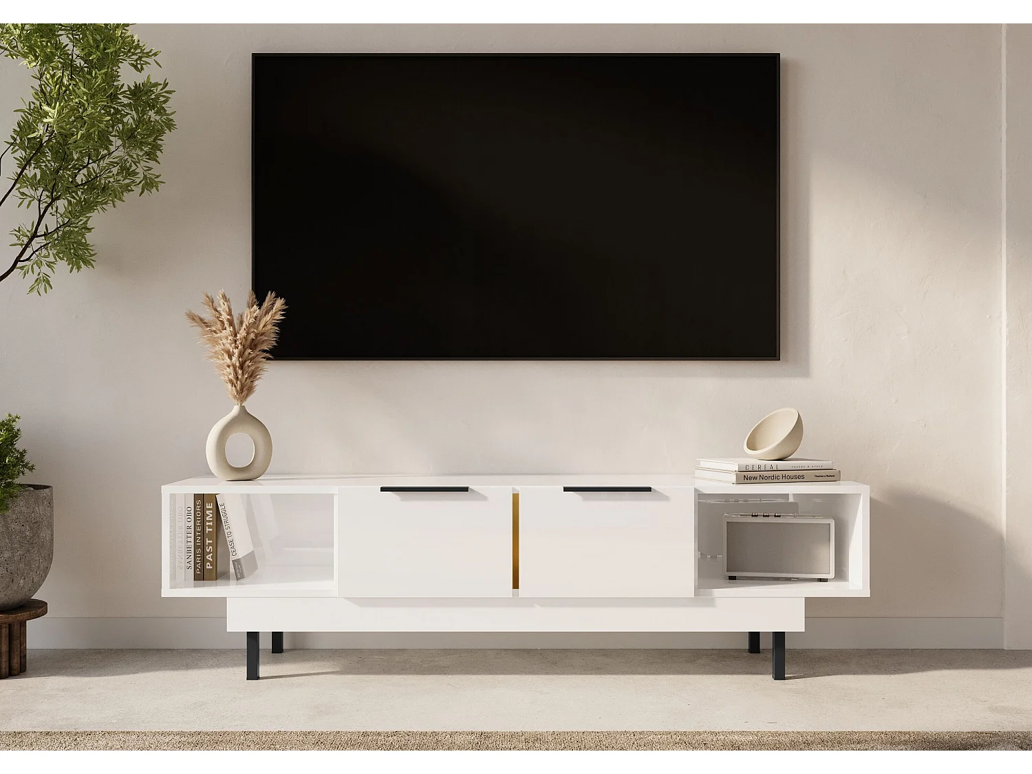 Lowboard Artemisa weiß, goldener akzent, hochglanz