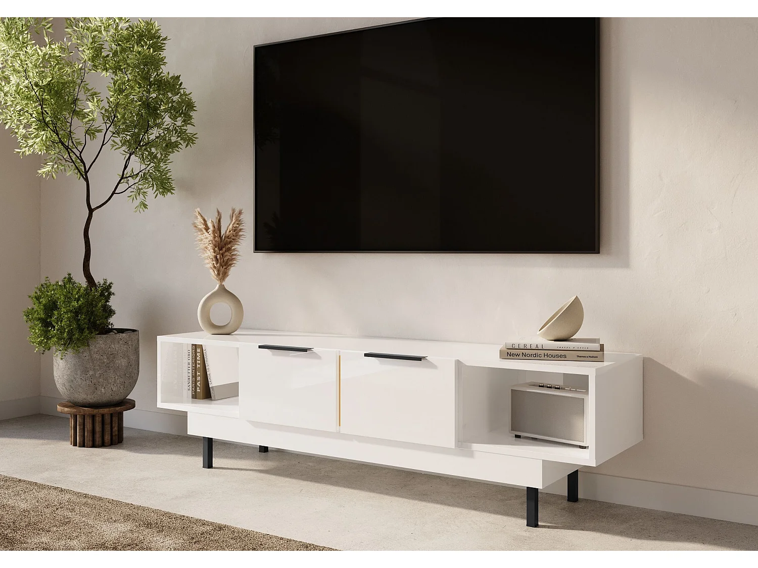 Lowboard Artemisa weiß, goldener akzent, hochglanz