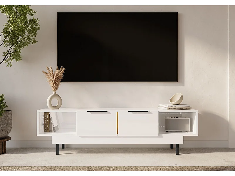 Elegancka biała komoda RTV Dancan ARTEMISA ze złotymi dodatkami / szer. 163 cm