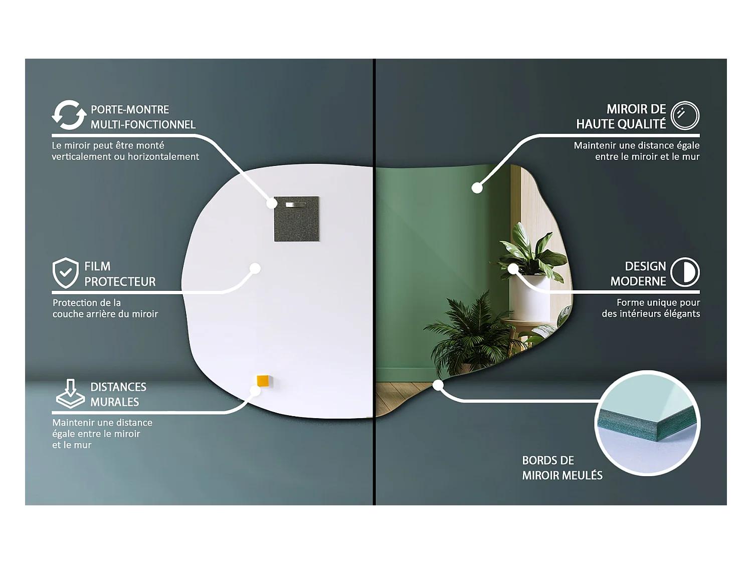 Design-Spiegel Tulup, Maße 100 cm x 65 cm, Vergrößert den Raum im Flur, perfekt für Minimalismus-Liebhaber.