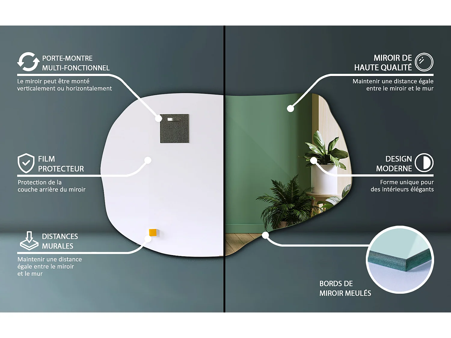 Design-Spiegel Tulup, Maße 100 cm x 65 cm, Vergrößert den Raum im Flur, perfekt für Minimalismus-Liebhaber.