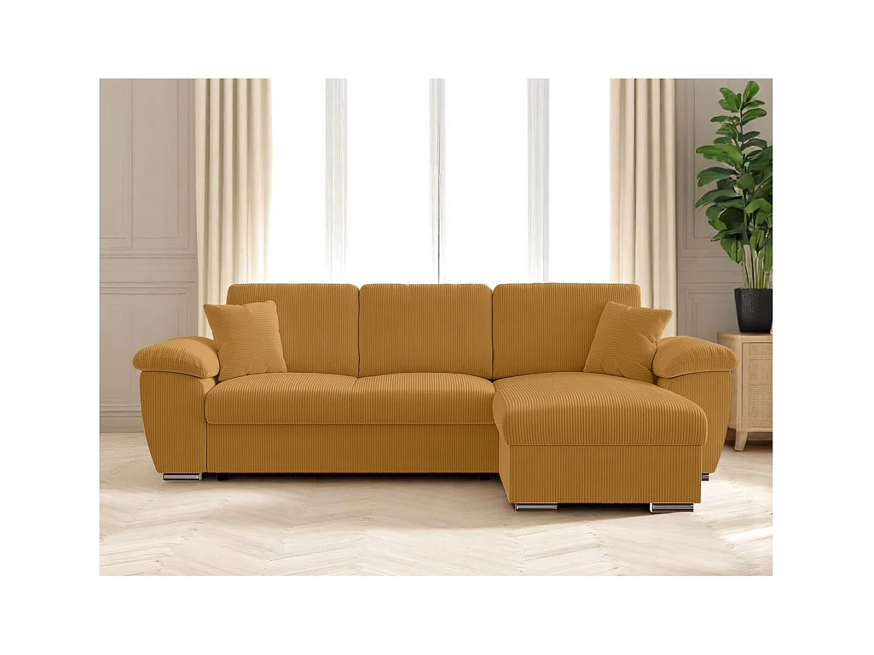Canapé d'angle ALBERT réversible convertible 4 places avec coffre en velours côtelé - Jaune