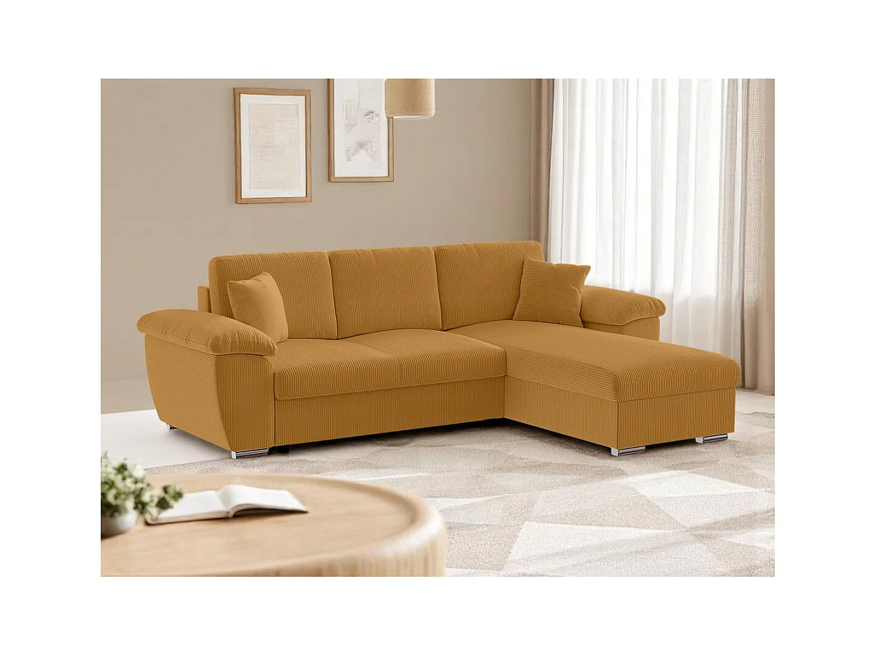 Canapé d'angle ALBERT réversible convertible 4 places avec coffre en velours côtelé - Jaune