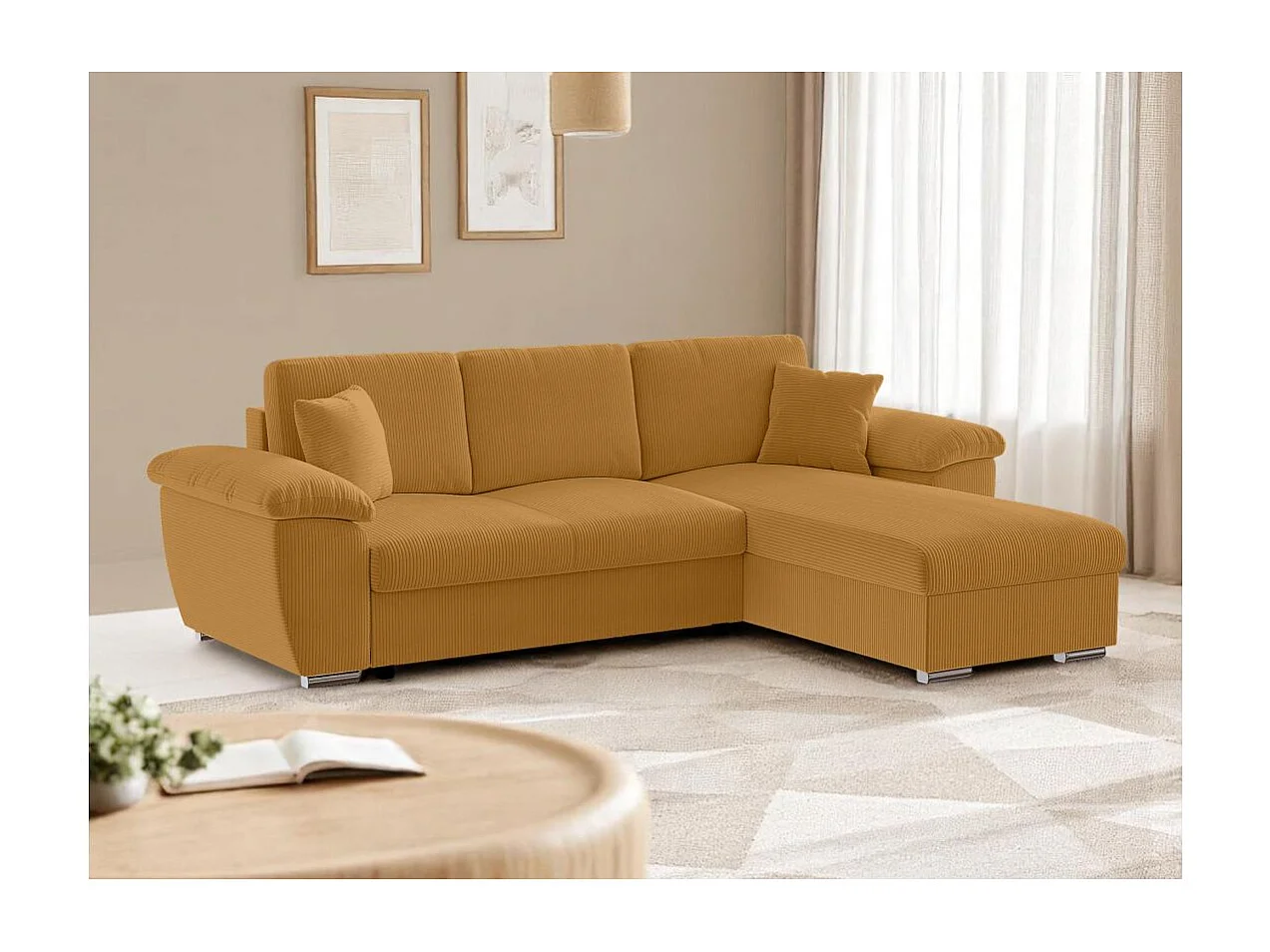 Canapé d'angle ALBERT réversible convertible 4 places avec coffre en velours côtelé - Jaune