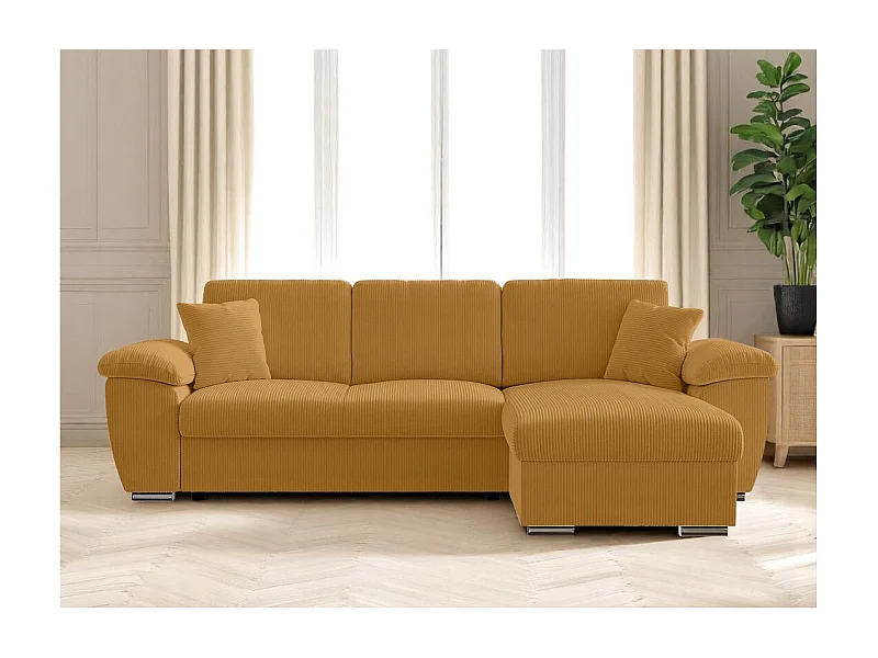 Canapé d'angle ALBERT réversible convertible 4 places avec coffre en velours côtelé - Jaune