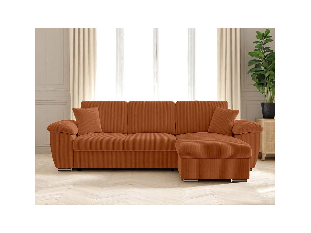 Canapé d'angle ALBERT réversible convertible 4 places avec coffre en velours côtelé - Terracotta