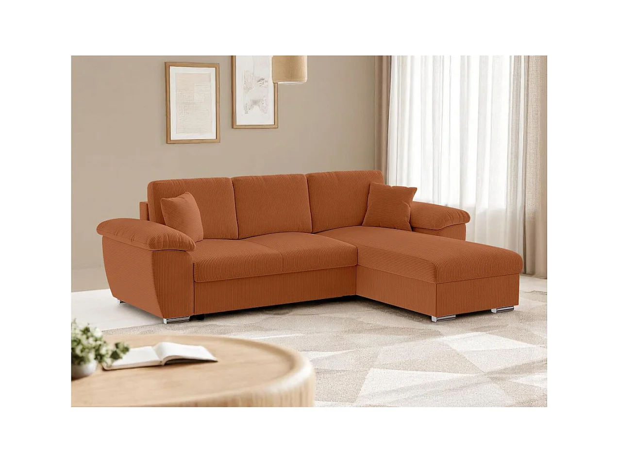 Canapé d'angle ALBERT réversible convertible 4 places avec coffre en velours côtelé - Terracotta