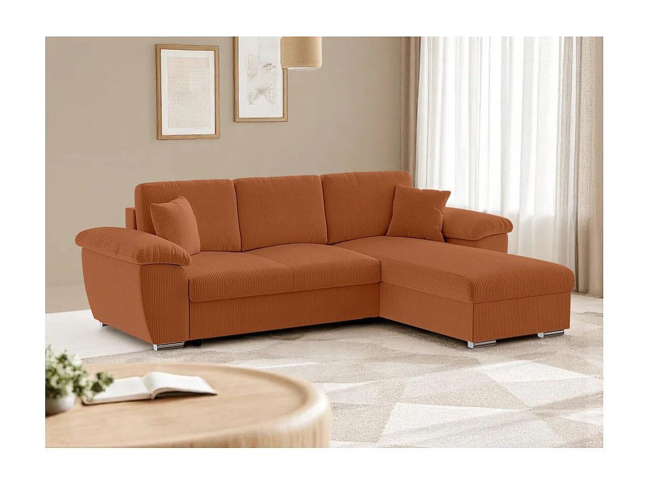 Canapé d'angle ALBERT réversible convertible 4 places avec coffre en velours côtelé - Terracotta