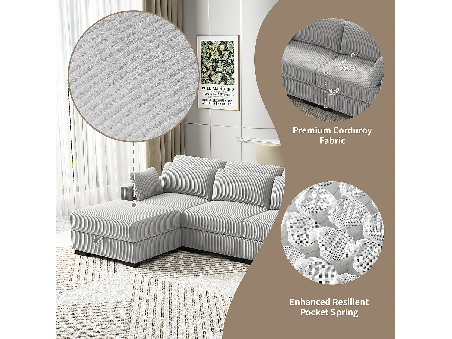 Canapé modulable en velours côtelé gris, combinaison d'accoudoirs gauche et droit, canapé de salon à épissure libre