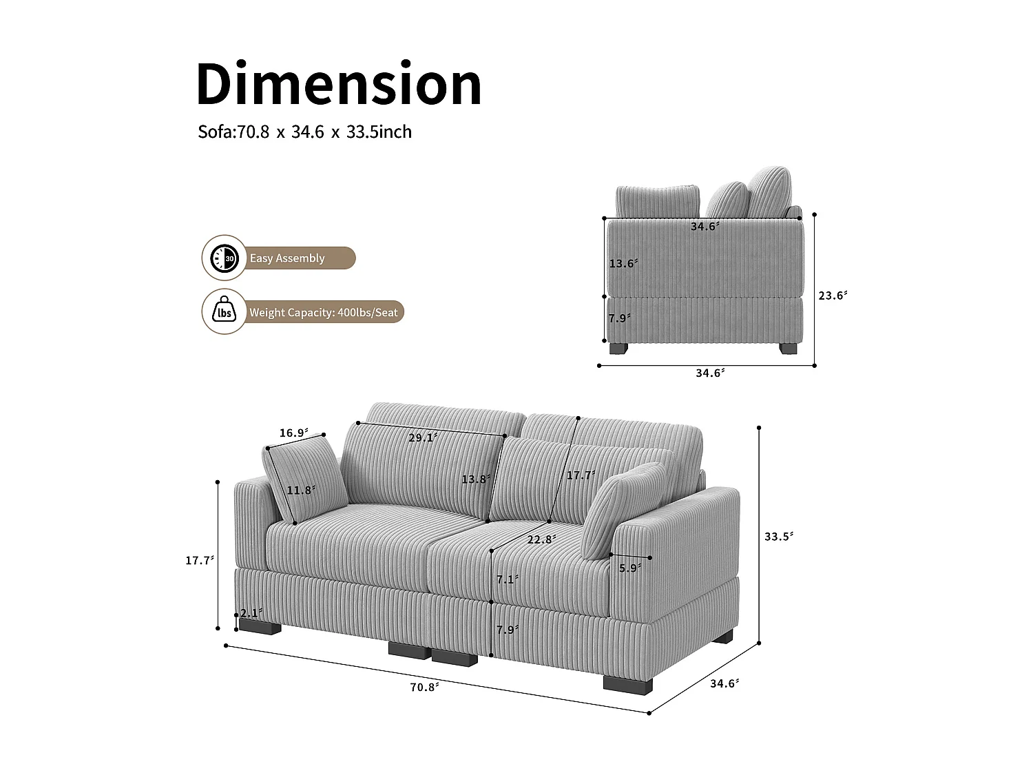 Graues Cord-Sofa mit Armlehnen links und rechts, frei kombinierbar