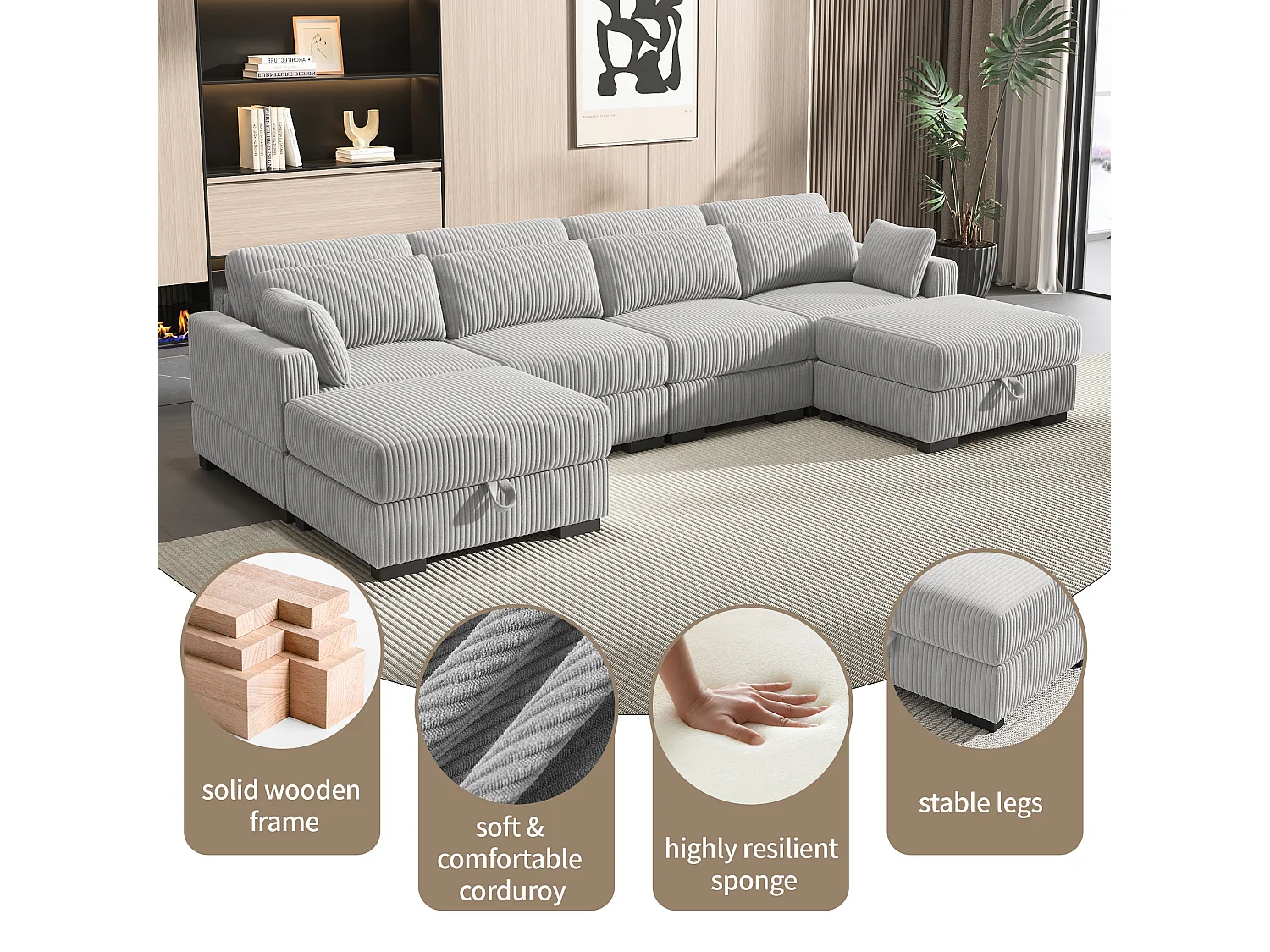Graues Cord-Sofa mit Armlehnen links und rechts, frei kombinierbar