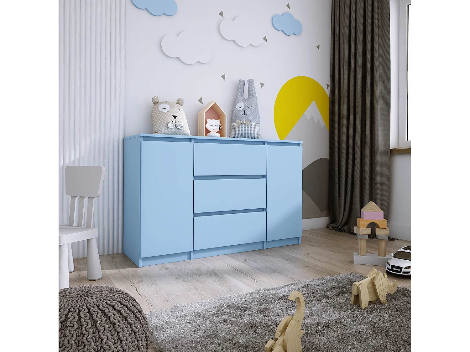 Ladekast met 2 deuren en 3 laden, 120 x 78 x 39 cm, kleur: blauw