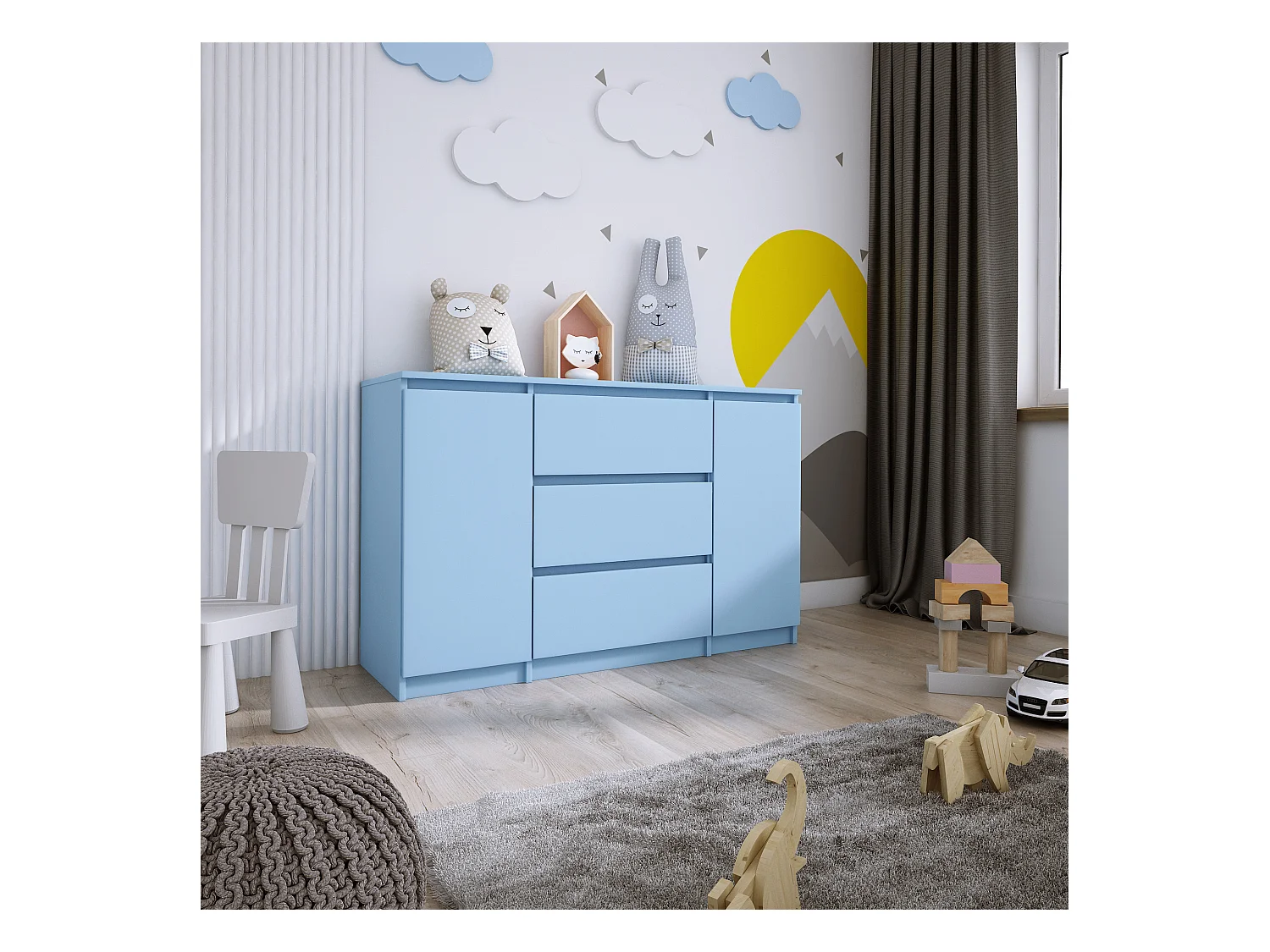 Commode 2 portes 3 tiroirs, 120 x 78 x 39 cm, couleur: bleu