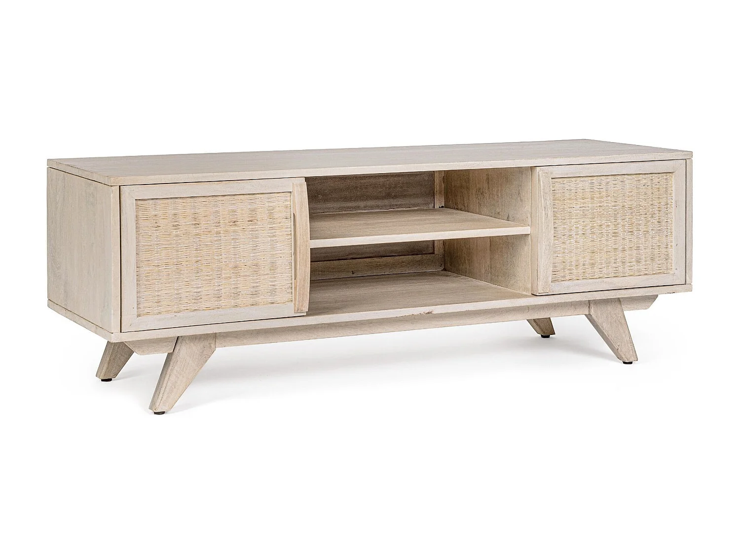 Meuble TV en bois de manguier blanchi 2 portes 2 niches - SHANNA