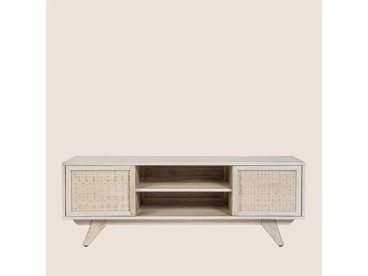 Meuble TV en bois de manguier blanchi 2 portes 2 niches - SHANNA