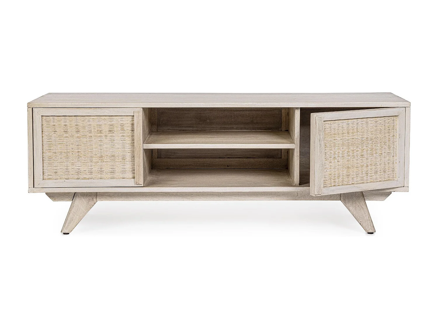 Meuble TV en bois de manguier blanchi 2 portes 2 niches - SHANNA