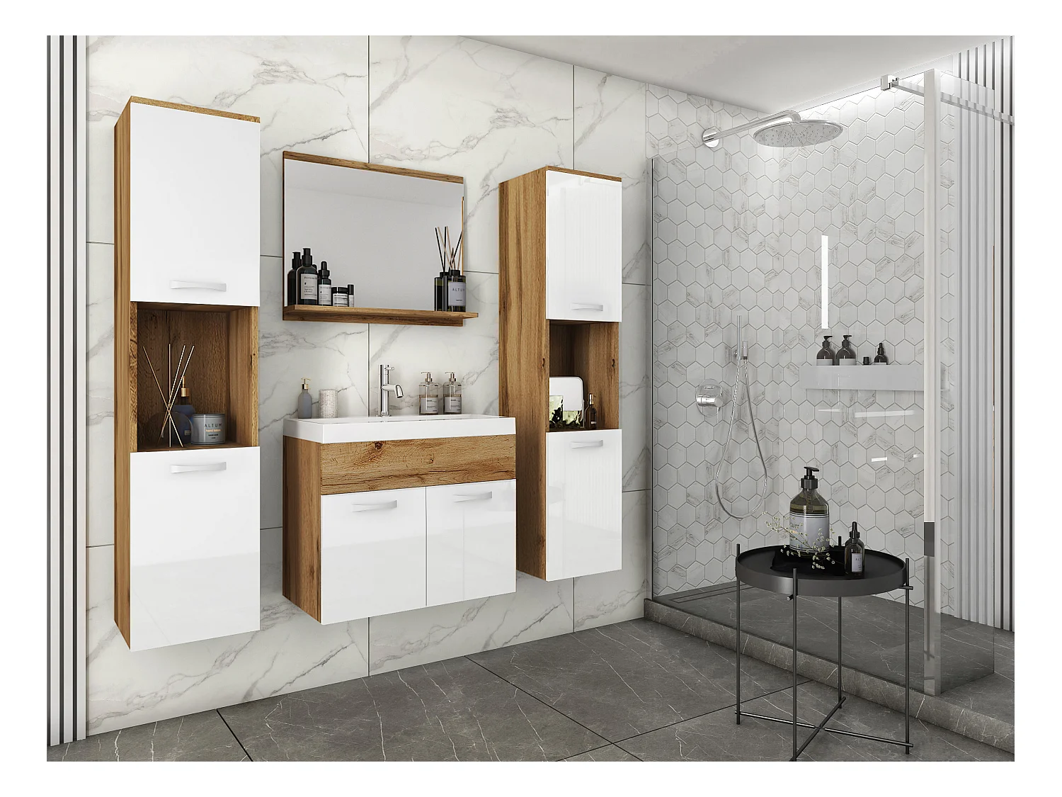 MINIO go for it, Meuble de salle de bain MONTANA XL en couleur chêne wotan/blanc brillant