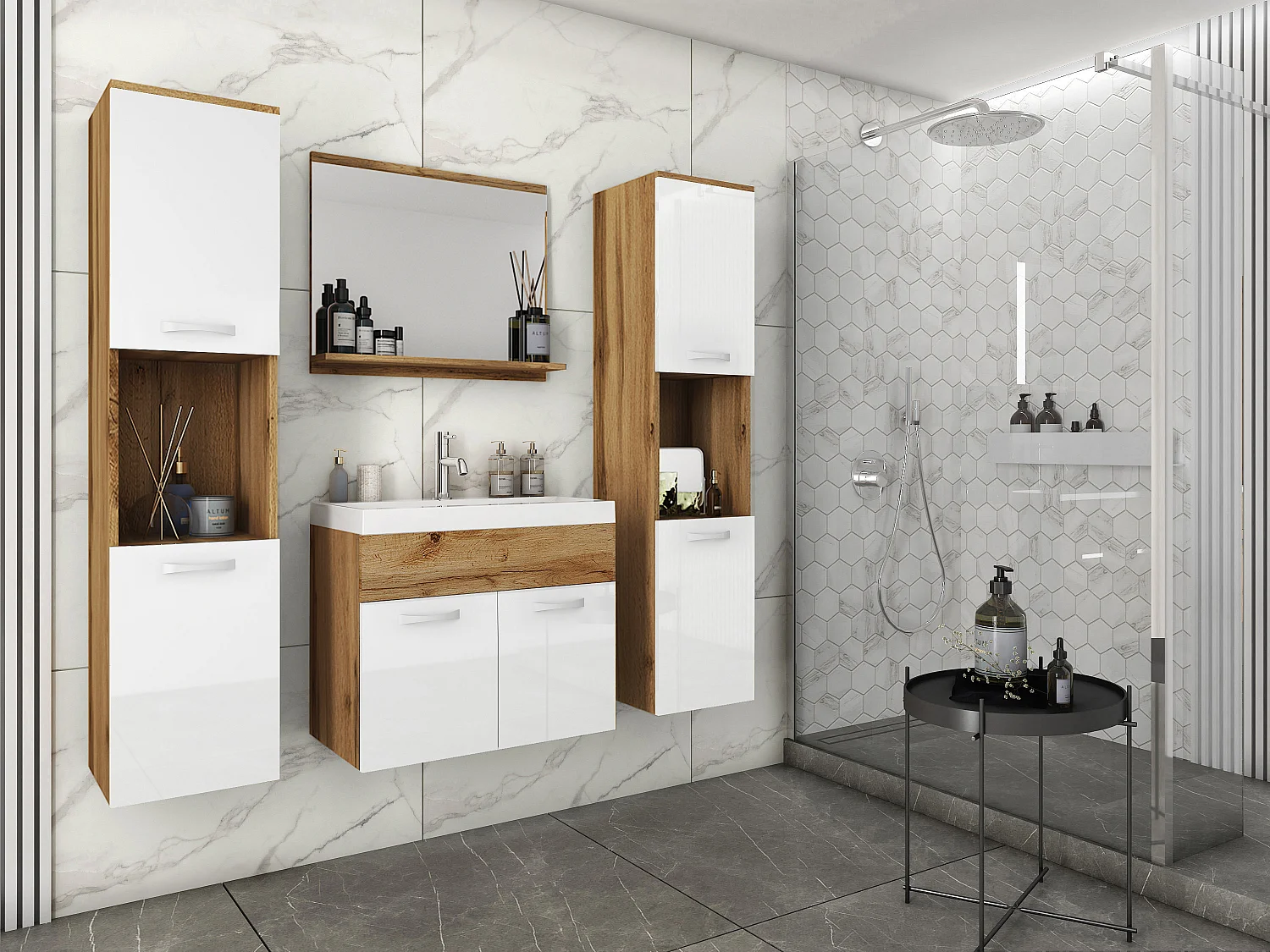 MINIO go for it, Meuble de salle de bain MONTANA XL en couleur chêne wotan/blanc brillant