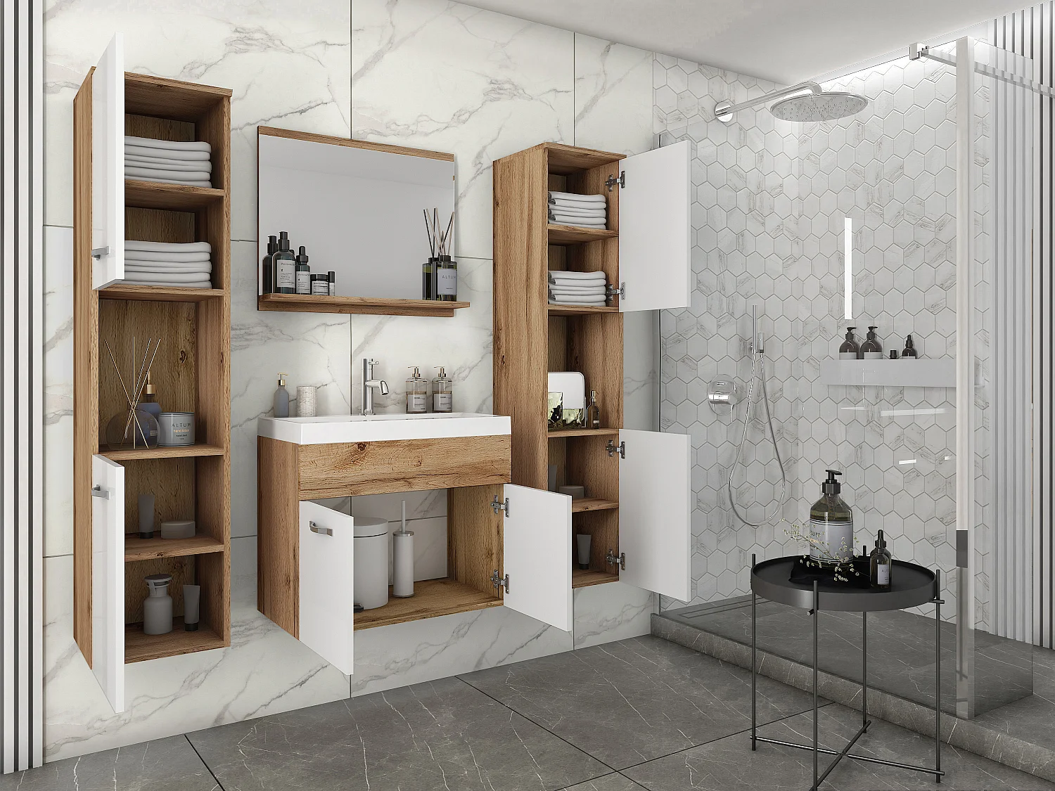 MINIO go for it, Meuble de salle de bain MONTANA XL en couleur chêne wotan/blanc brillant