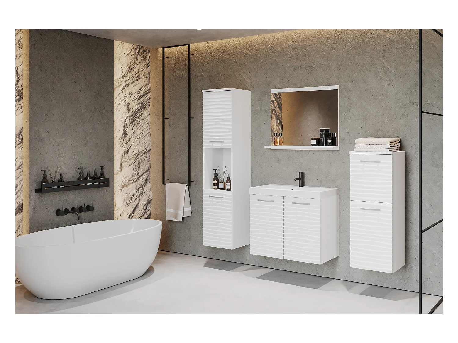 MINIO go for it, Badmöbel MALAGA in MDF weiß/weiß mit Wellenmuster