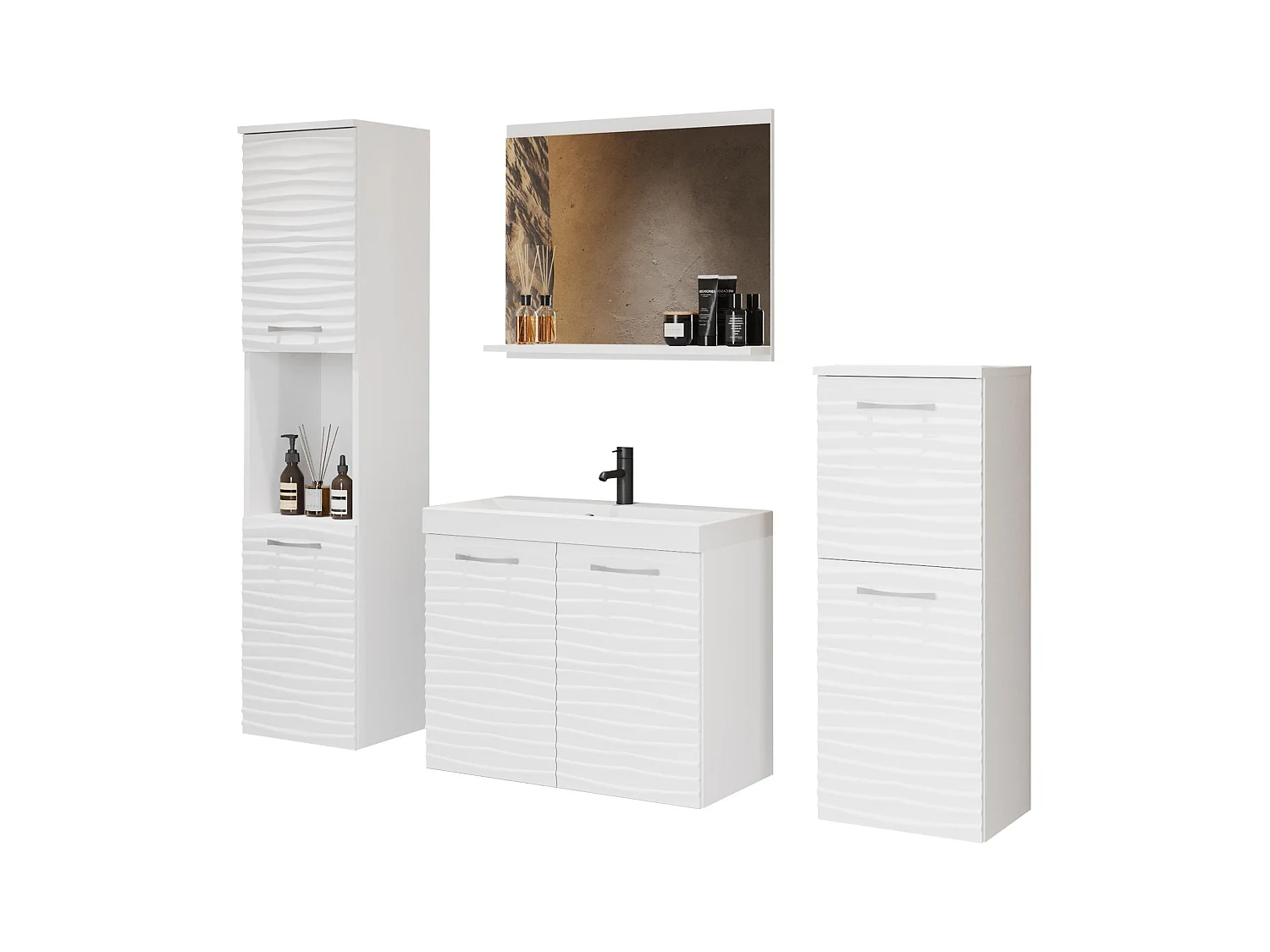 MINIO go for it, Badmöbel MALAGA in MDF weiß/weiß mit Wellenmuster