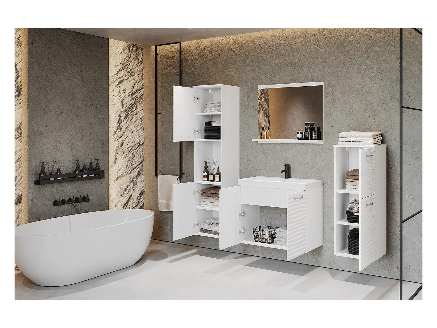 MINIO go for it, Badmöbel MALAGA in MDF weiß/weiß mit Wellenmuster