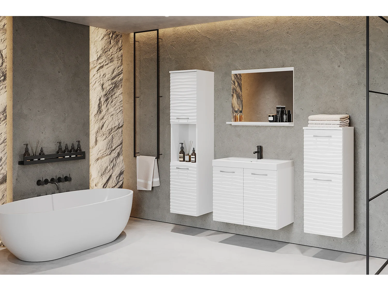 MINIO go for it, Badmöbel MALAGA in MDF weiß/weiß mit Wellenmuster