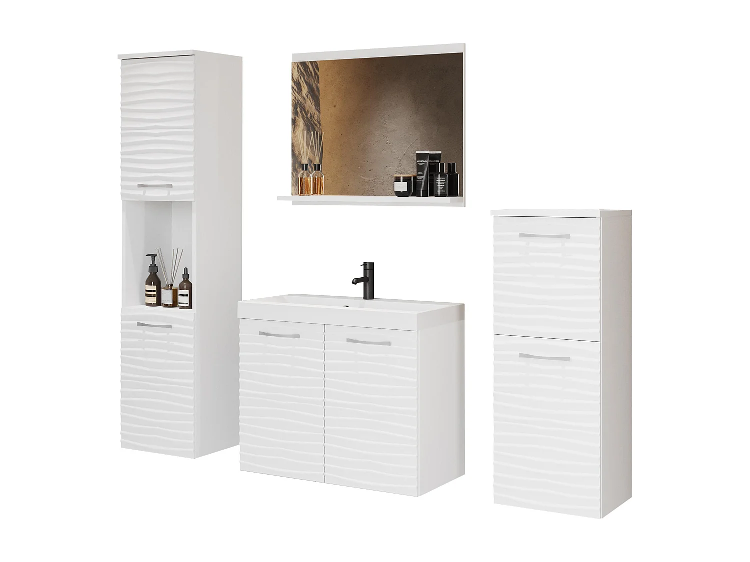 MINIO go for it, Badmöbel MALAGA in MDF weiß/weiß mit Wellenmuster