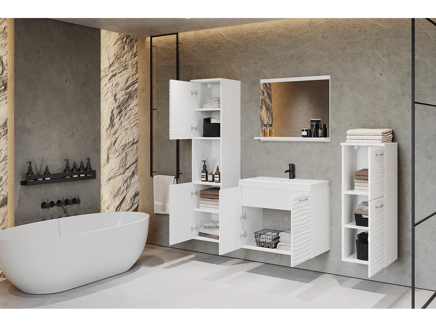 MINIO go for it, Badmöbel MALAGA in MDF weiß/weiß mit Wellenmuster