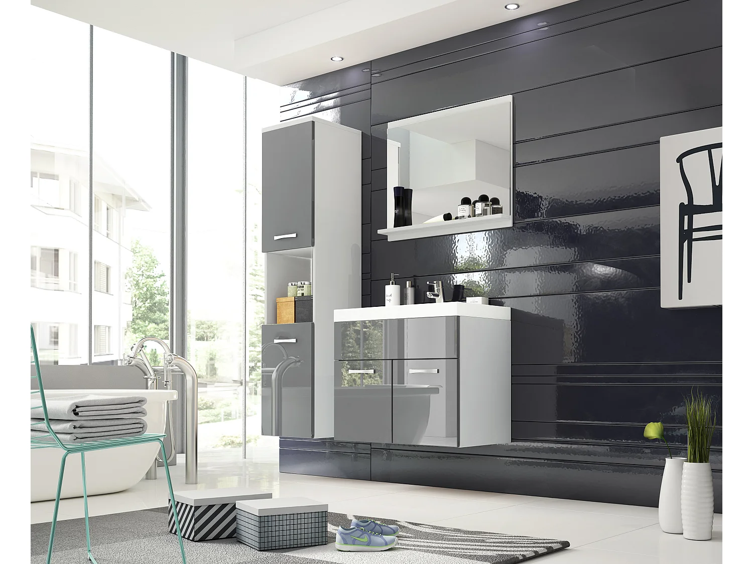 MINIO go for it, Meble łazienkowe MONTANA w kolorze biały/szary połysk