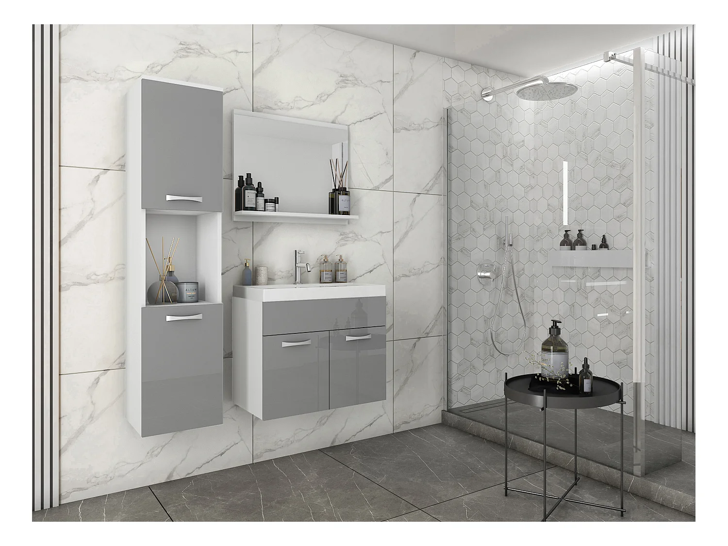 MINIO go for it, Meble łazienkowe MONTANA w kolorze biały/szary połysk