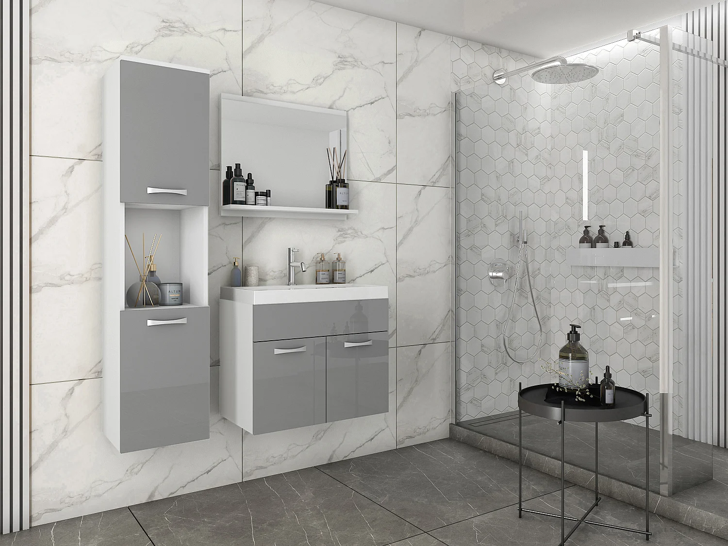 MINIO go for it, Meble łazienkowe MONTANA w kolorze biały/szary połysk